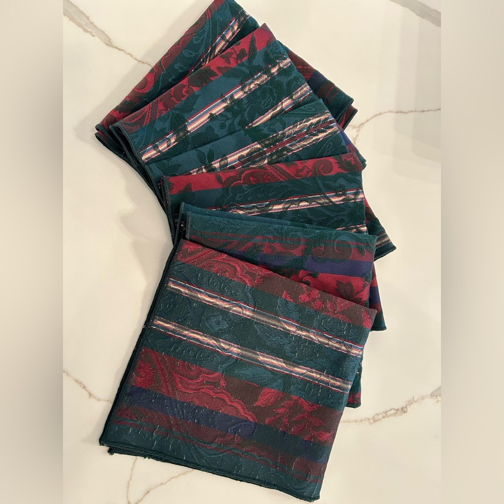Vintage Jewel Tone Damask Napkins 6 Green Burgundy Navy Moody Traditional